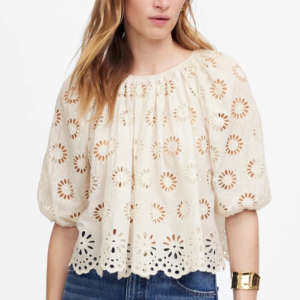Madewell Embroidered Floral Cutouts Shirred Puff-Sleeve Top Cream Size M NWT